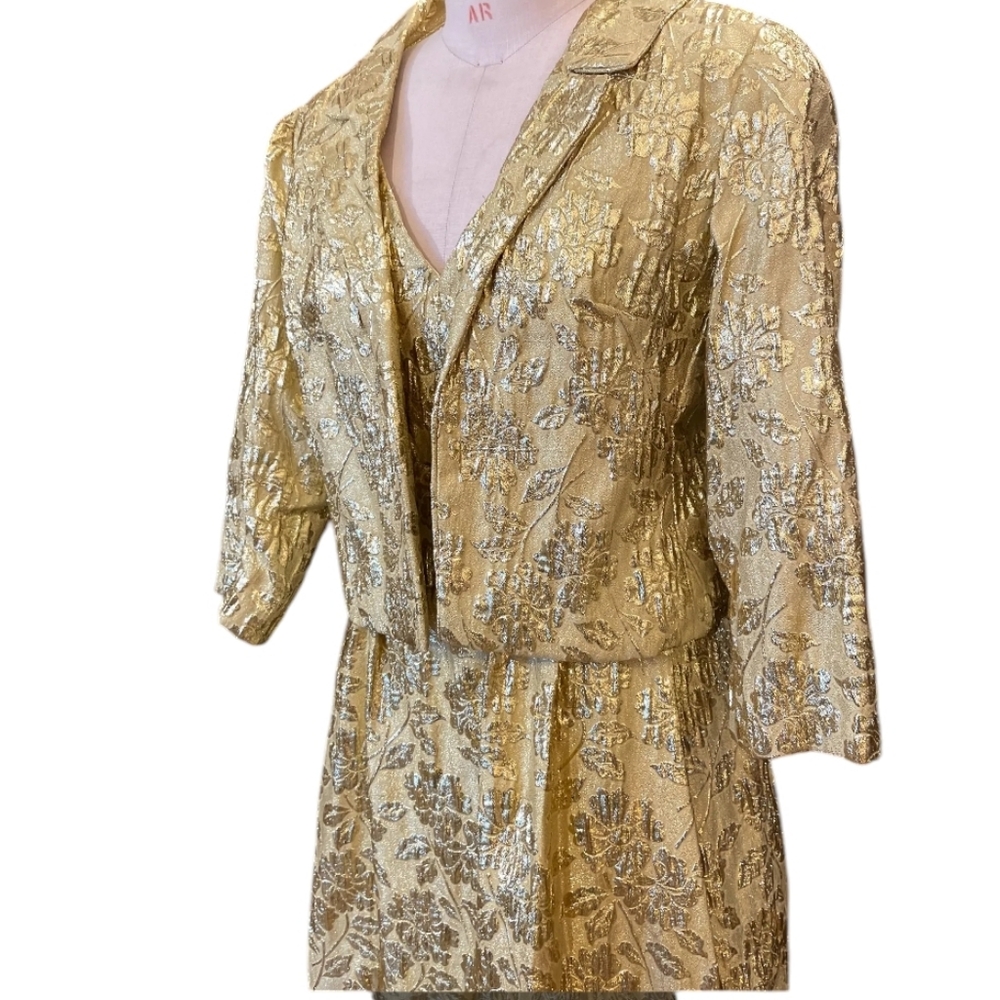 True Vintage 1960s 3-Piece Set, 60s Metallic Gold Lurex Floral Brocade Dress - Picture 6 of 10